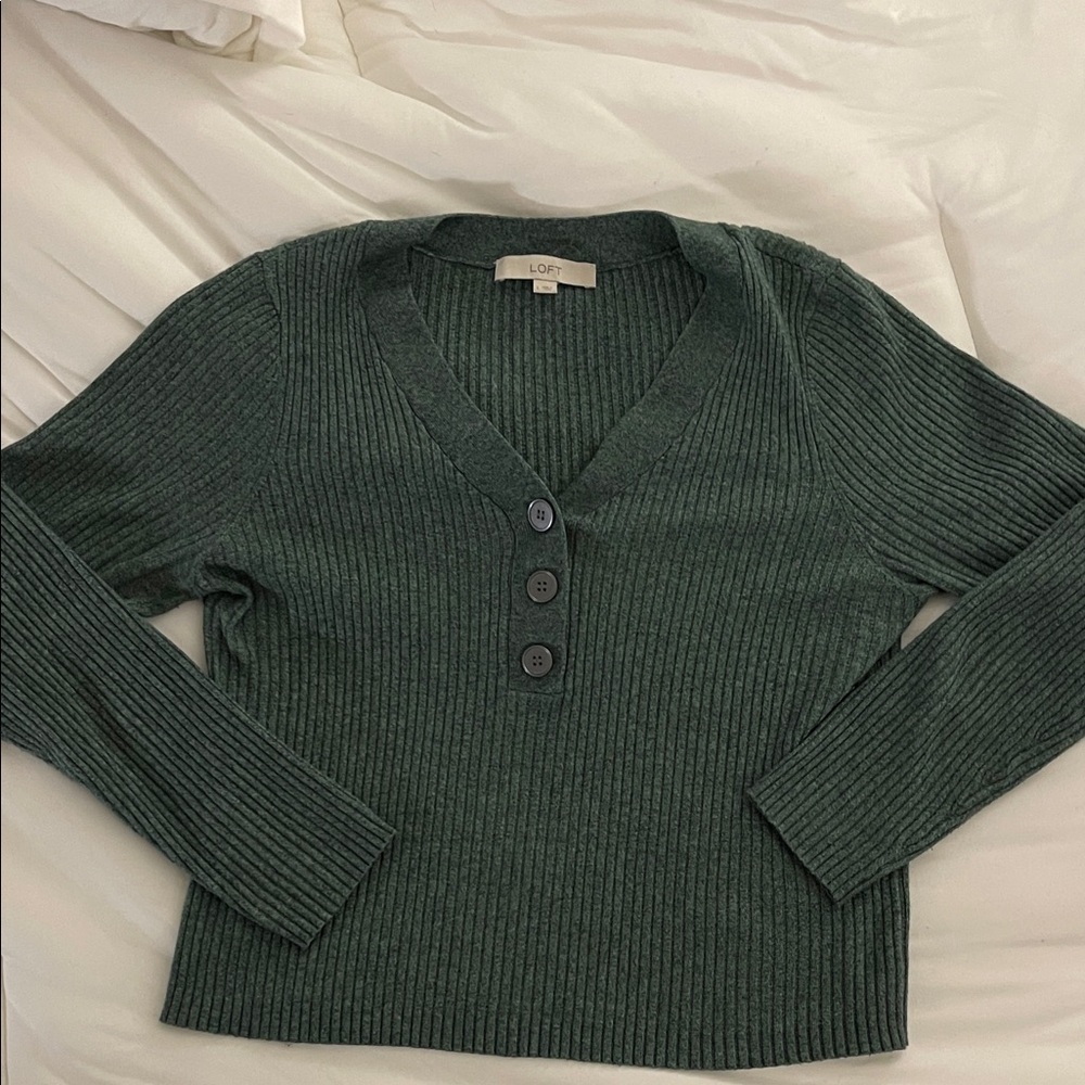 LOFT Dark Green V-Neck Ribbed Sweater